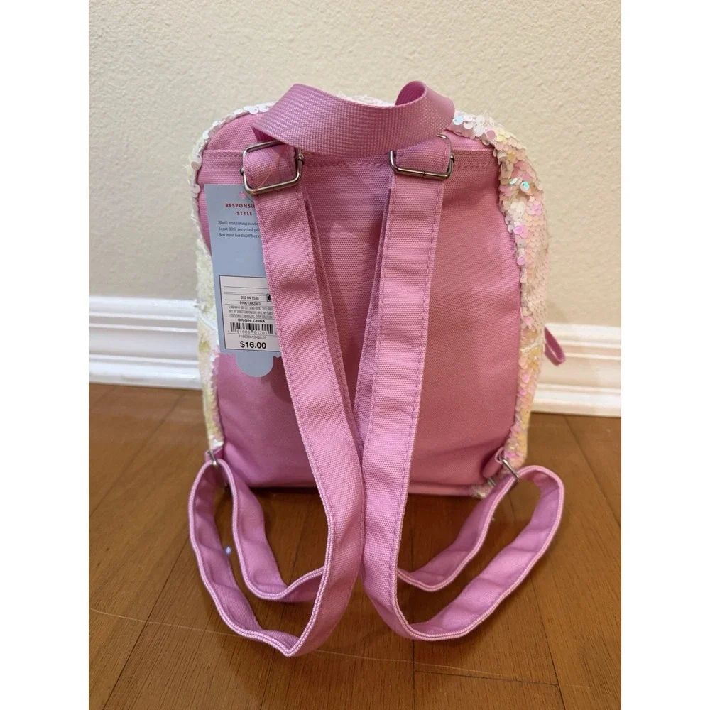 Cat & Jack Girls NWT Mini Llama Sequin Glitter Backpack Pink Zip Pockets